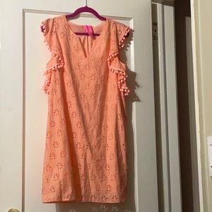 NWOT Lilly Pulitzer Astara Pom-Pom Trimmed Eyelet Shift Dress in Peach Flamingo